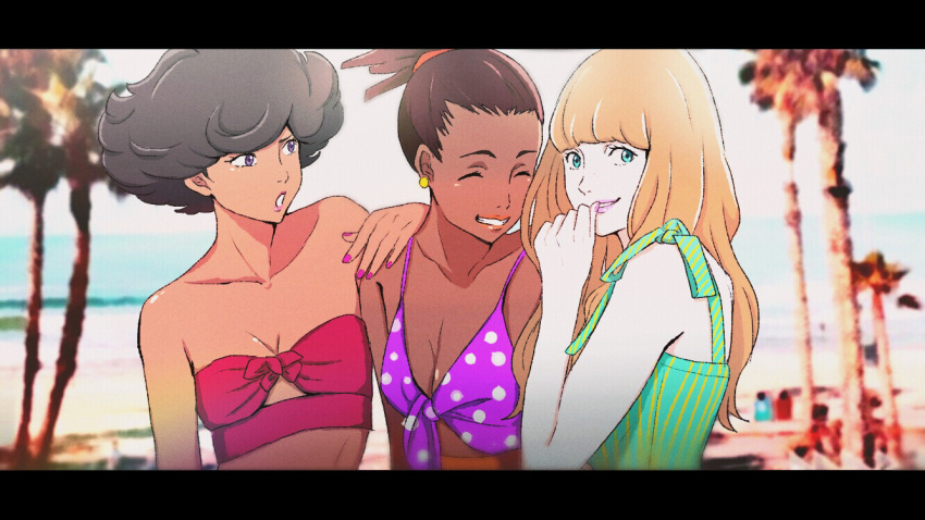 3girls :o ^_^ angela_carpenter aqua_eyes arashi_(boom_sate225) arm_at_side arms_at_sides bare_arms bare_shoulders beach bikini black_hair blonde_hair blunt_bangs blurry blurry_background breasts brown_hair carole_&_tuesday carole_stanley cleavage clenched_teeth close-up closed_eyes collarbone commentary curly_hair dark-skinned_female dark_skin day depth_of_field earrings fingernails freckles front-tie_top furrowed_brow green_bikini hand_on_another's_shoulder hand_to_own_mouth hand_up high_ponytail jewelry laughing letterboxed lips long_hair looking_at_another looking_away looking_down looking_to_the_side multiple_girls ocean open_mouth outdoors palm_tree pink_bikini pink_nails polka_dot polka_dot_bikini ponytail purple_bikini purple_eyes purple_nails sand shiny_skin short_hair side-by-side small_breasts standing strapless strapless_bikini striped_bikini striped_clothes swimsuit symbol-only_commentary teeth tree tuesday_simmons upper_body vertical-striped_bikini vertical-striped_clothes very_dark_skin very_short_hair water