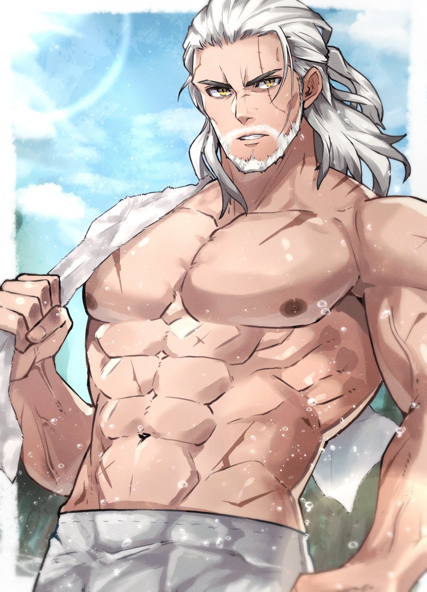 1boy abs bara beard cowboy_shot facial_hair geralt_of_rivia highres large_pectorals long_hair looking_at_viewer male_focus mature_male moustache muscular muscular_male pectorals scar scar_on_chest solo the_witcher_(series) the_witcher_1 the_witcher_2 the_witcher_3 topless_male wet white_hair yani_(yano_023)