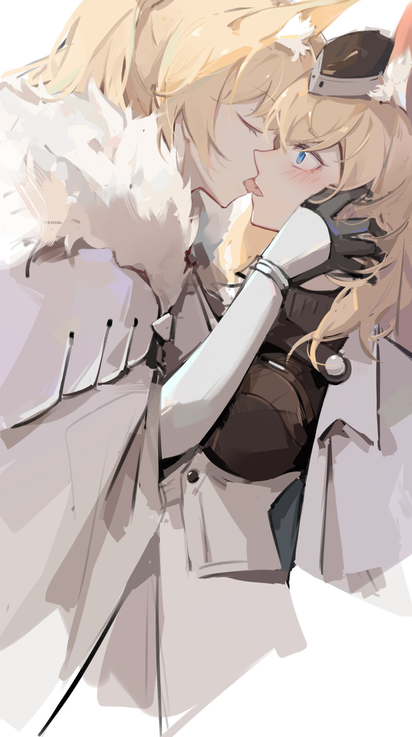 2girls absurdres animal_ears arknights armor aunt_and_niece blemishine_(arknights) blonde_hair blue_eyes blush chinese_commentary closed_eyes commentary_request french_kiss from_side fur_collar gauntlets gemi_25 highres horse_ears incest kissing long_hair looking_at_another multiple_girls profile upper_body whislash_(arknights) white_background yuri