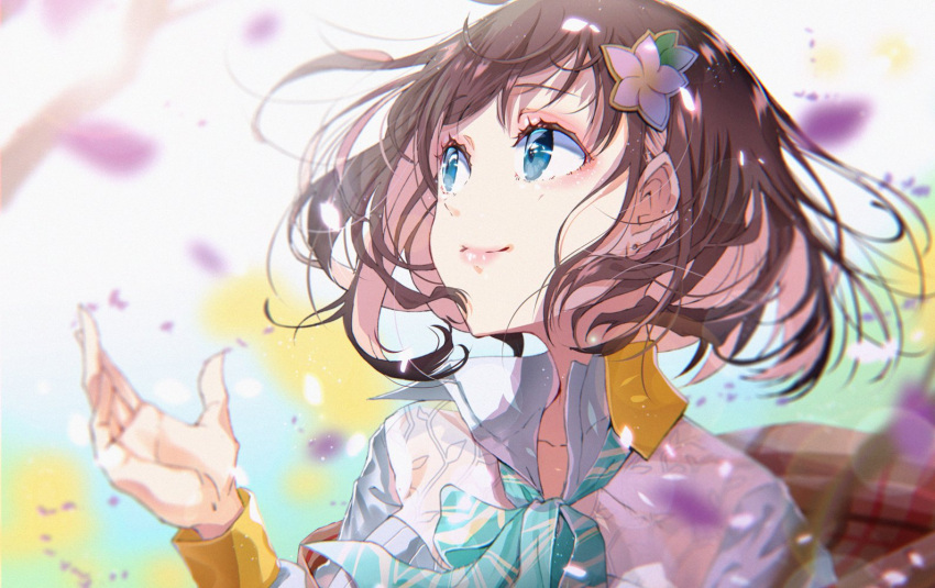 aqua_bow aqua_bowtie blue_eyes bow bowtie brown_hair closed_mouth collarbone collared_shirt female flower hair_flower hair_ornament hana_macchia hana_macchia_(1st_costume) looking_up nijisanji nijisanji_id plaid_shawl shawl shirt smile solo virtual_youtuber white_shirt yae_(mono110)