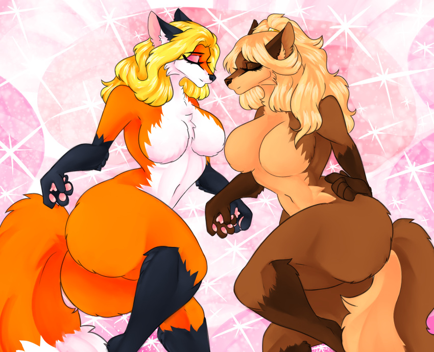 anthro breasts brown_body canid canine cassielink digital_media_(artwork) duo exposed_breasts female female/female fluffy fluffy_tail fox hi_res mammal nude pawpads paws pinup pose romantic romantic_couple sparkles sparkling_background tail