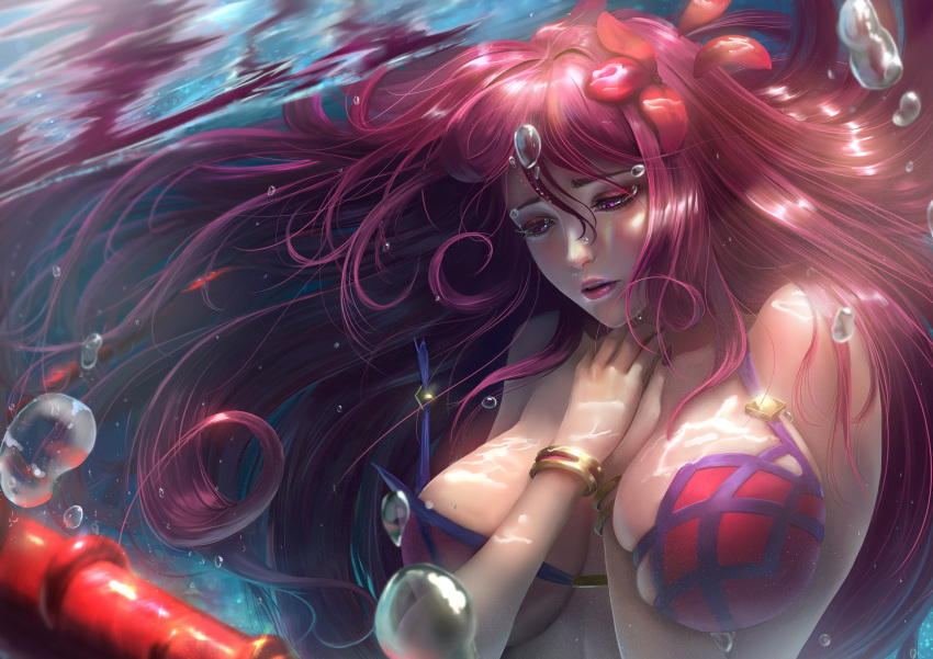 bikini bubbles fate/grand_order fate_(series) flowers limgae long_hair purple_eyes purple_hair realistic scathach_(fate/grand_order) swimsuit underwater water