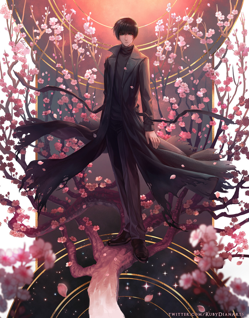 1boy artist_name black_coat black_hair black_pants black_ribbon blurry branch cherry_blossoms closed_mouth coat commentary depth_of_field english_commentary expressionless flower full_body green_eyes highres long_sleeves looking_at_viewer male_focus pants petals ribbon rubydian short_hair solo sparkle standing_on_branch sumeragi_subaru torn_clothes torn_coat turtleneck watermark web_address x_(manga)