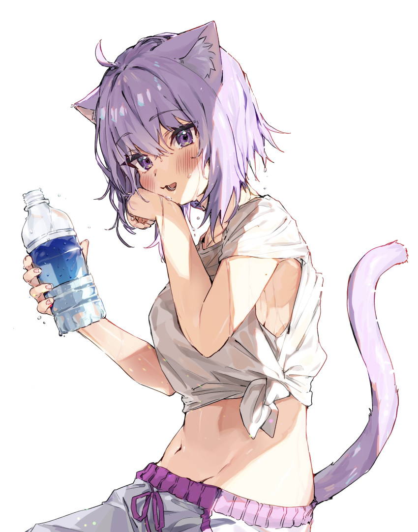 absurdres ahoge alternate_costume animal_ear_fluff animal_ears blush bottle breasts casual cat_ears cat_tail cleavage commentary_request cowboy_shot female hair_between_eyes highres holding holding_bottle hololive idenshi_hina light_purple_hair looking_at_viewer medium_breasts midriff navel nekomata_okayu open_mouth pants purple_eyes shirt short_hair simple_background smile solo sweat sweatpants tail tied_shirt virtual_youtuber water_bottle white_background white_pants white_shirt wiping_face