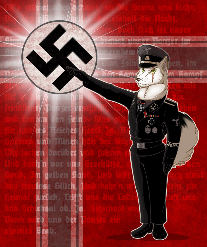 anthro belt black_body black_fur black_nose canid canine canis clothing fur green_eyes heil hi_res lol_comments male mammal medal military nazi nazi_salute officer soldier solo ss_uniform swastika thiscrispykat uniform warrior whiskers white_body white_fur wolf