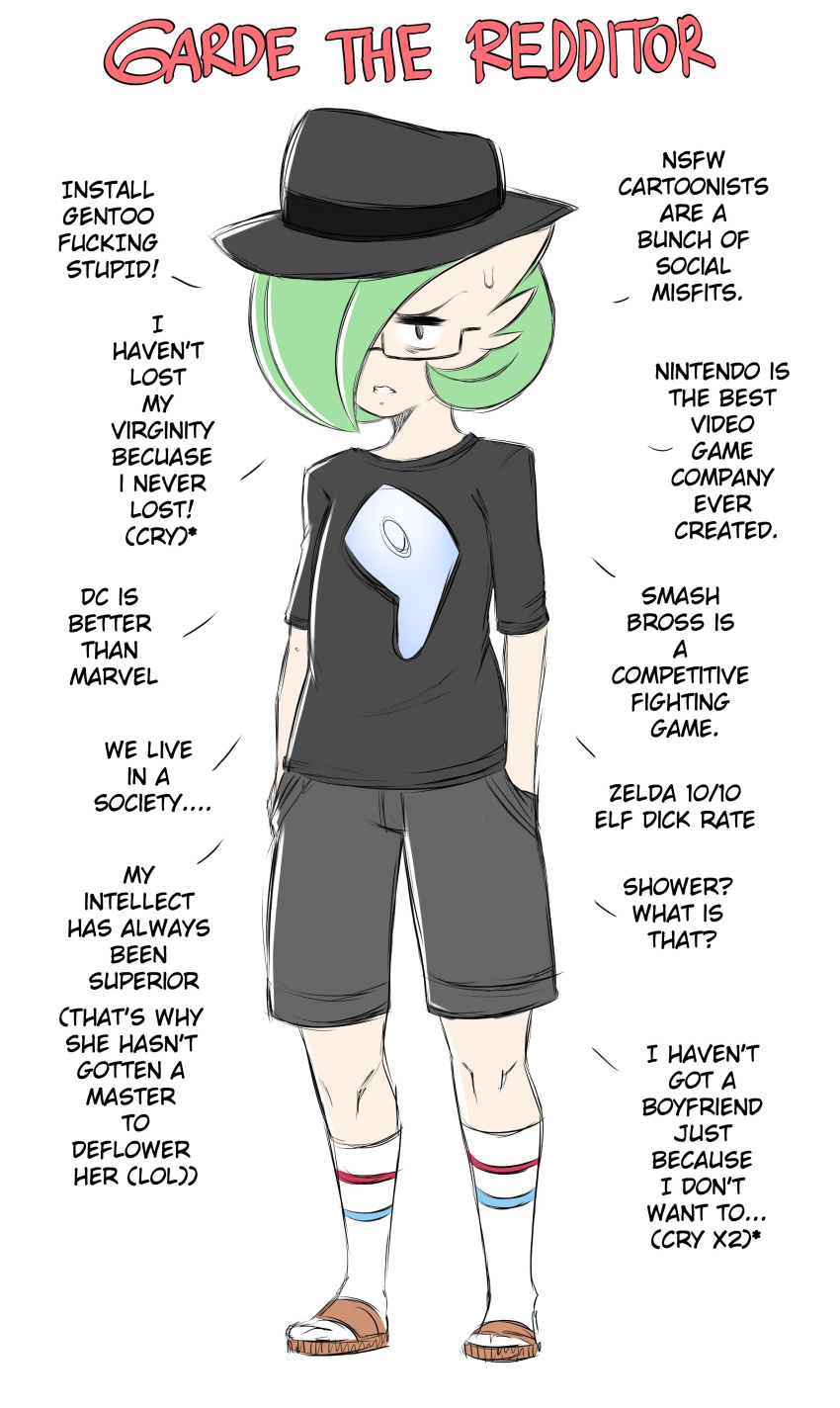 absurd_res bodily_fluids clothed clothing dialogue english_text eyewear female_(lore) gardevoir generation_3_pokemon gentoo glasses green_hair hair hat headgear headwear hi_res nintendo not_furry pokemon pokemon_(species) profanity redditor_gardevoir saltyxodium solo sweat text white_body