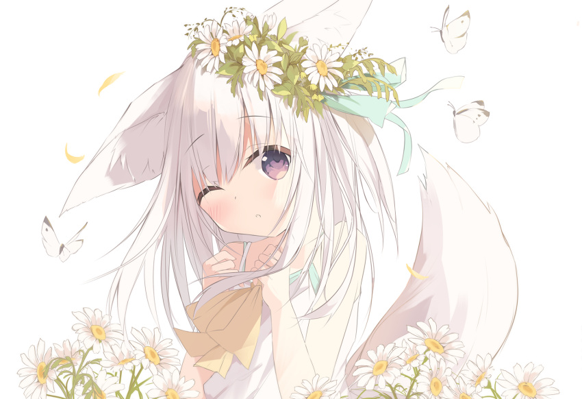 ;o animal animal_ears bare_arms bare_shoulders blush bow bug butterfly commentary dress female flower fox_ears fox_girl fox_tail hair_between_eyes hair_flower hair_ornament head_tilt highres kushida_you long_hair looking_at_viewer one_eye_closed original parted_lips petals purple_eyes simple_background sleeveless sleeveless_dress solo tail tail_raised upper_body white_background white_butterfly white_dress white_flower white_hair yellow_bow