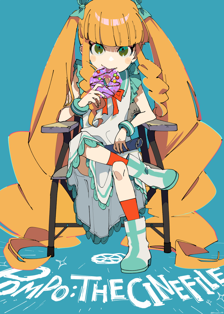 absurdly_long_hair absurdres aqua_bow blue_background blunt_bangs blush_stickers boots bow bracelet chair copyright_name doughnut dress eating eiga_daisuki_pompo-san female food green_eyes highres jewelry joelle_pomponett kneehighs long_hair looking_at_viewer magotsuki_(hurray) orange_hair red_socks sidelocks sitting sleeveless sleeveless_dress socks solo very_long_hair white_dress