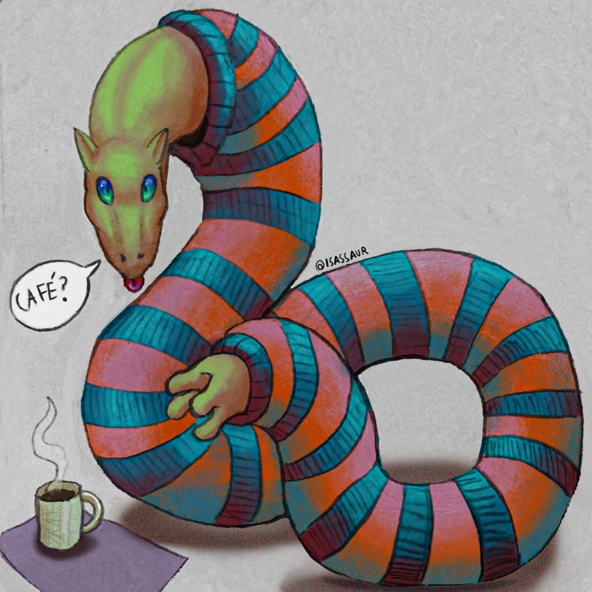 1:1 2021 all_tomorrows ambiguous_gender asking asking_viewer beverage blep clothed clothing coffee coffee_mug dialogue digital_drawing_(artwork) digital_media_(artwork) feral green_body green_skin heterochromia hi_res isassaur long_body looking_at_viewer mammal mixed_media portuguese_text posthuman question question_mark signature simple_background smoke snake_person_(all_tomorrows) solo speech_bubble tail tail_hand talking_to_viewer text tongue tongue_out traditional_media_(artwork) translated unusual_anatomy unusual_tail yes-no_question