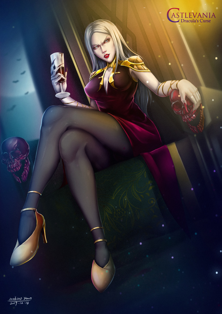 absurdres blue_eyes carmilla_(castlevania) castlevania_(netflix) castlevania_(series) cup dress drinking_glass female fingernails high_heels highres lipstick long_hair looking_at_viewer makeup mobius_yang pale_skin pantyhose photoshop_(medium) red_lips red_nails sitting skull solo throne vampire white_hair wine_glass