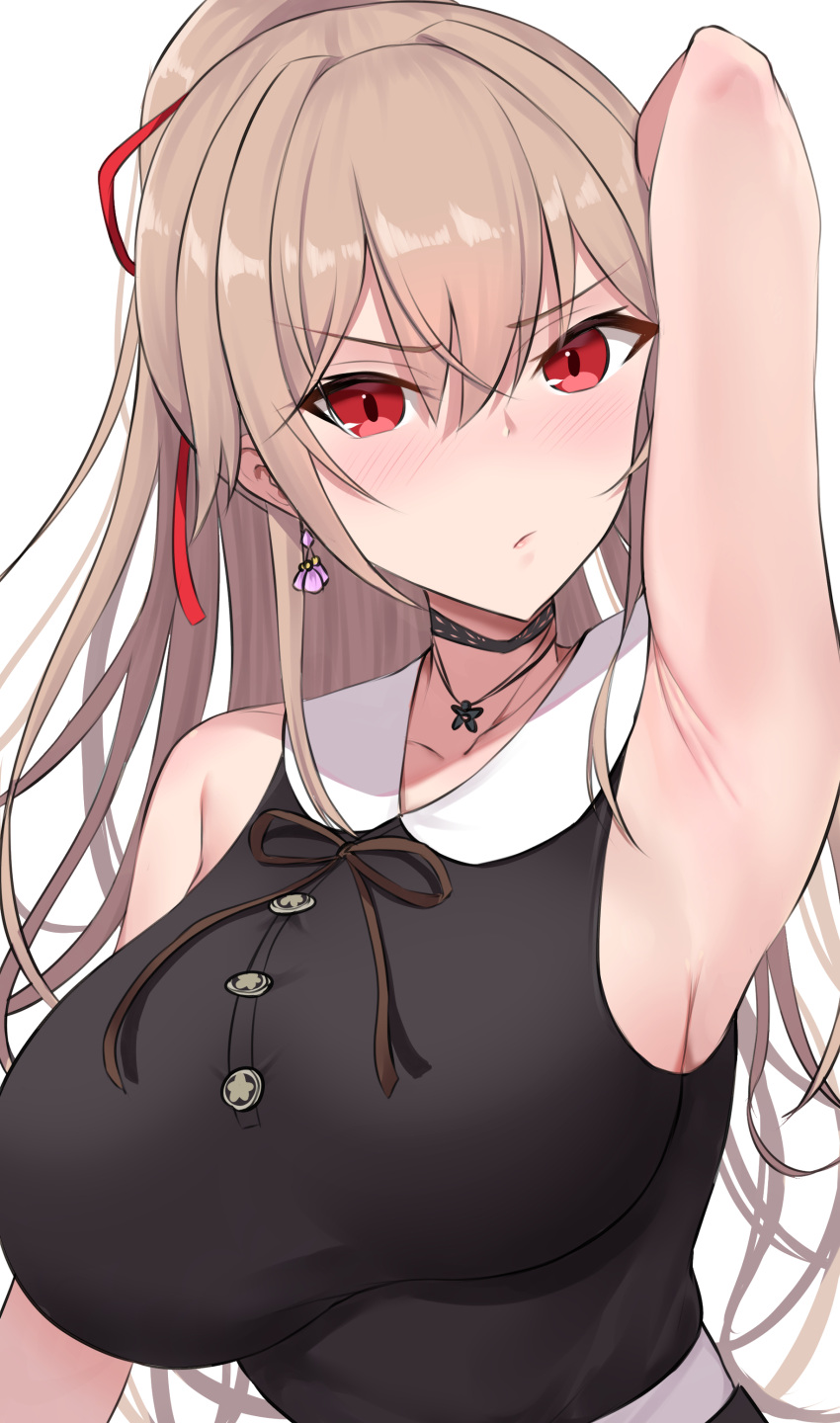 absurdres arm_up armpits bare_arms bare_shoulders black_dress blush breasts brown_hair closed_mouth collarbone collared_dress commentary_request dress female furen_e_lustario furen_e_lustario_(2nd_costume) hair_between_eyes highres kirikan_(cokekiri) long_hair looking_at_viewer medium_breasts nijisanji ponytail red_eyes simple_background sleeveless sleeveless_dress solo upper_body v-shaped_eyebrows very_long_hair virtual_youtuber white_background