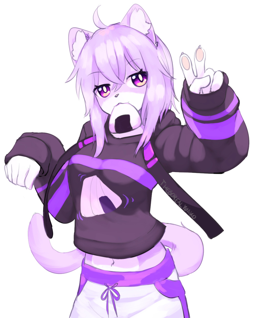 alternate_species anthro biped clothed clothing domestic_cat felid feline felis female food food_in_mouth furrification gesture hair hand_gesture hi_res hololive hoodie inner_ear_fluff jelly_doughnut kemono mammal midriff navel okayu_nekomata onigiri pawpads pink_hair pink_pawpads purple_eyes rice simple_background solo topwear tuft v_sign vtuber white_background yoako