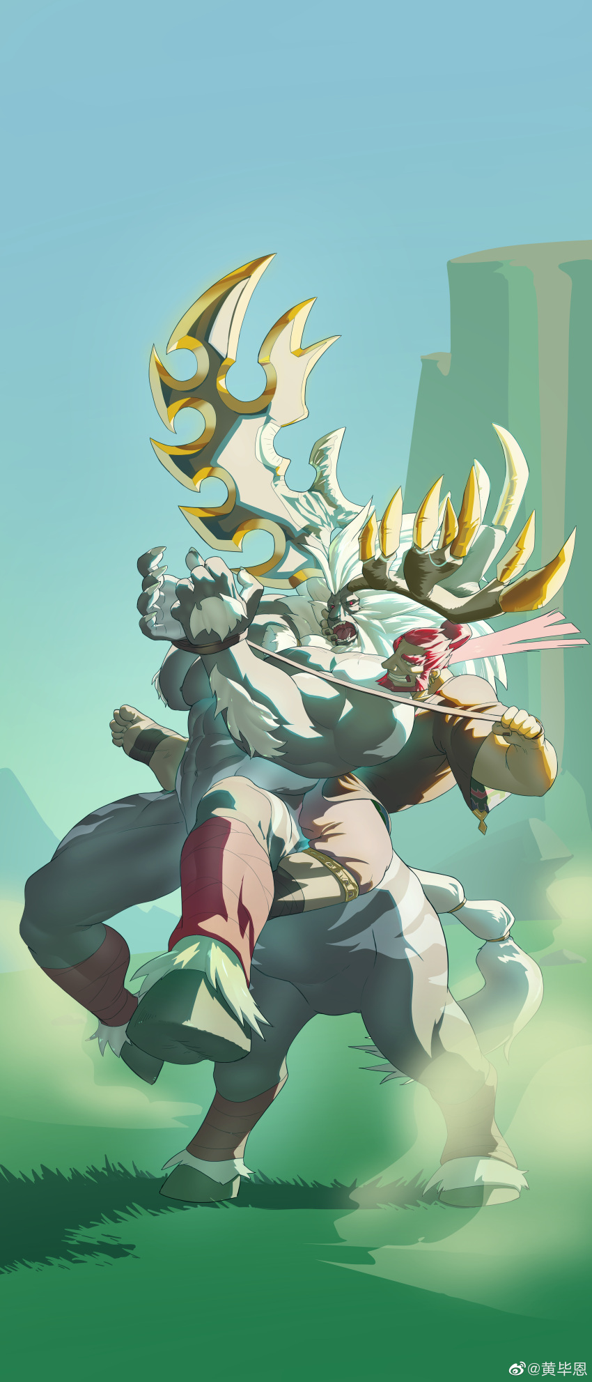 2boys abs absurdly_long_hair absurdres antlers bara bound bound_wrists centaur convenient_leg finger_in_another's_mouth full_body furry furry_male furry_with_non-furry ganondorf grass highres horns horseback_riding huge_horns incredibly_absurdres interspecies large_hands large_pectorals long_hair lynel male_focus mature_male multiple_boys muscular muscular_male nipples o2h_(oblivionh) outdoors pectorals ponytail red_hair reindeer_antlers riding smile taur the_legend_of_zelda the_legend_of_zelda:_breath_of_the_wild the_legend_of_zelda:_tears_of_the_kingdom very_long_hair white_hair yaoi