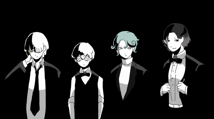 4boys ban-chan black_hair bow bowtie creator_connection curly_hair dancer_(last_dance) dango_(chxh7743) dramaturgy_(eve) formal green_eyes green_hair highres kurukuru_(dramaturgy) last_dance_(vocaloid) male_focus multiple_boys necktie nonsense_bunkaku_(vocaloid) outsider_(vocaloid) pattun smile songover spot_color suit sweater turtleneck turtleneck_sweater tuxedo waistcoat white_hair yellow_eyes