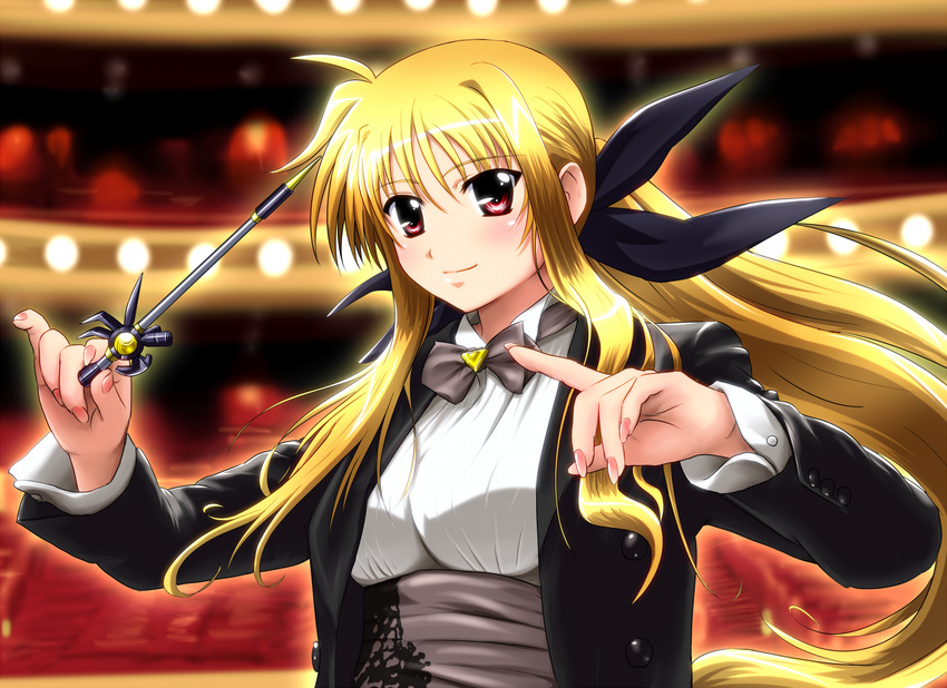 alternate_weapon bardiche_(nanoha) blush commentary_request conductor conductor_baton cosplay diesel-turbo fate_testarossa female formal hair_ribbon long_hair lyrical_nanoha mahou_senki_lyrical_nanoha_force mizuki_nana mizuki_nana_(cosplay) objectification revision ribbon smile solo suit tuxedo very_long_hair voice_actor_connection weapon