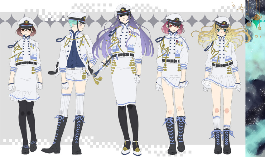 5girls alternate_costume bad_id bad_pixiv_id black_legwear blonde_hair blue_eyes blue_hair boots brown_hair chains glasses gloves hat hirose_sumire kurage long_hair looking_at_viewer matano_seiko medal military military_uniform miyanaga_teru multiple_girls oohoshi_awai open_clothes open_mouth open_shirt pantyhose red_eyes red_hair saki_(manga) saki_achiga-hen shibuya_takami shirt short_hair skirt swagger_stick thighhighs uniform