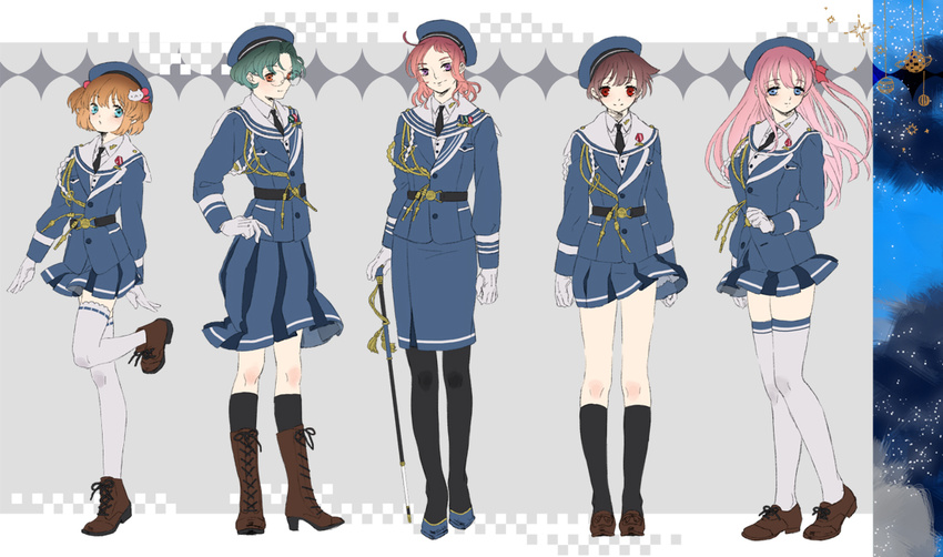 5girls bad_id bad_pixiv_id black_pantyhose black_socks blue_eyes blush boots brown_hair cane chains glasses gloves green_hair hair_bobbles hair_ornament haramura_nodoka hat kataoka_yuuki kurage long_hair looking_at_viewer medal military military_uniform miyanaga_saki multiple_girls open_mouth pantyhose pink_hair purple_eyes red_eyes red_hair sailor_collar saki_(manga) short_hair short_twintails skirt smile socks someya_mako takei_hisa thighhighs twintails uniform white_legwear