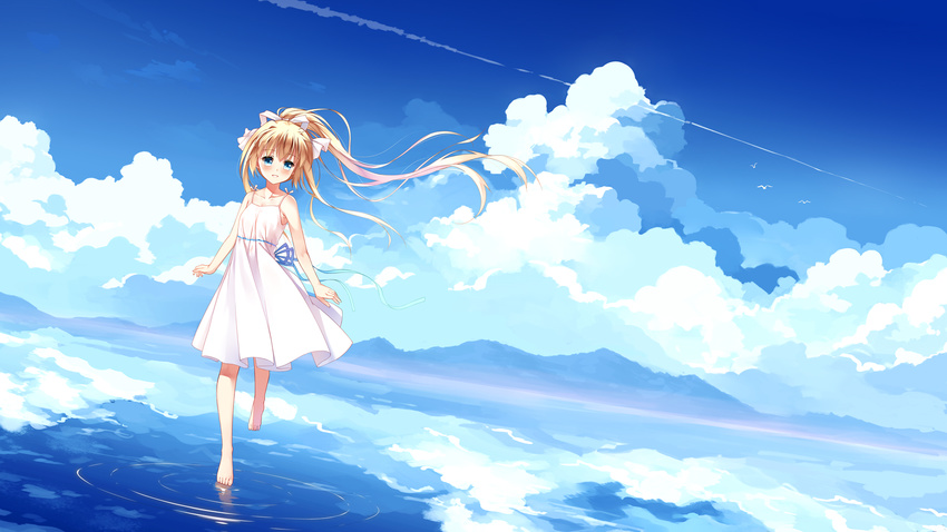 air_(visual_novel) bare_arms bare_shoulders barefoot bird blonde_hair blue_eyes blue_ribbon blue_sky blush cloud collarbone commentary_request contrail day dress dutch_angle female hair_between_eyes hair_ribbon highres kamio_misuzu long_hair looking_at_viewer mountain ocean outdoors parted_lips ribbon sky sleeveless sleeveless_dress smile solo sundress walking walking_on_liquid water white_dress white_ribbon xia_xiang_(ozicha)