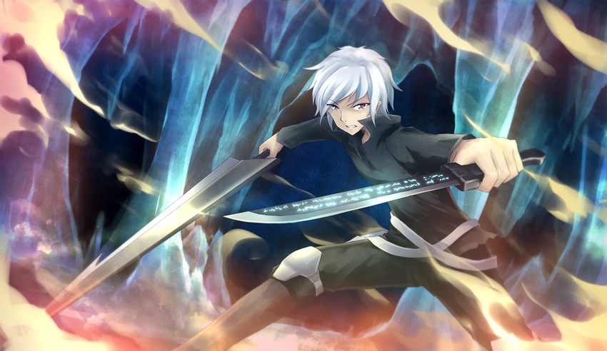 1boy asakurashinji bell_cranel commentary_request dual_wielding dungeon_ni_deai_wo_motomeru_no_wa_machigatteiru_darou_ka fire grey_hair highres holding holding_sword holding_weapon male_focus photoshop_(medium) red_eyes runes solo sword sword_writing weapon white_hair