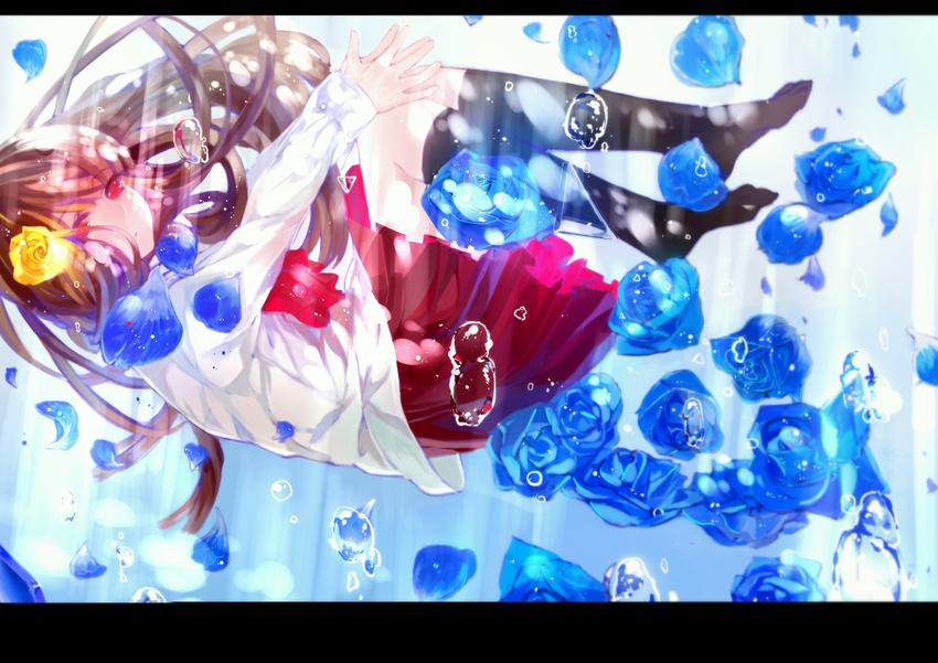 brown_hair bubbles eve_(ib) flowers ib kneehighs red_eyes rose sharpper