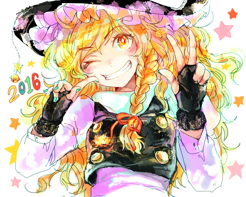 2016 black_gloves blonde_hair braid cheek_poking fingerless_gloves gloves grin hat kirisame_marisa long_hair long_sleeves looking_at_viewer nail_polish one_eye_closed poking poking_self rosette_(roze-ko) shirt single_braid smile solo star touhou upper_body vest wavy_hair witch_hat yellow_eyes