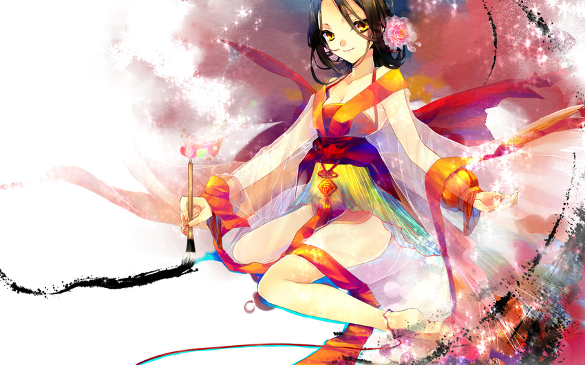 bad_id bad_pixiv_id barefoot black_hair female fingernails flower hair_flower hair_ornament highres long_fingernails original paintbrush smile solo strib_und_werde