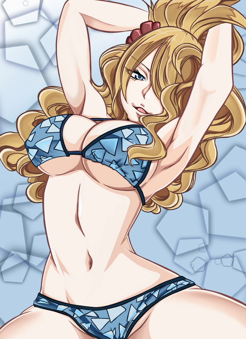 armpits arms_up bad_id bad_pixiv_id bikini blonde_hair blue_eyes breasts cowboy_shot fairy_tail female hair_ornament hair_over_one_eye highres jenny_realight large_breasts long_hair looking_at_viewer murabito_sono2 navel solo swimsuit wavy_hair