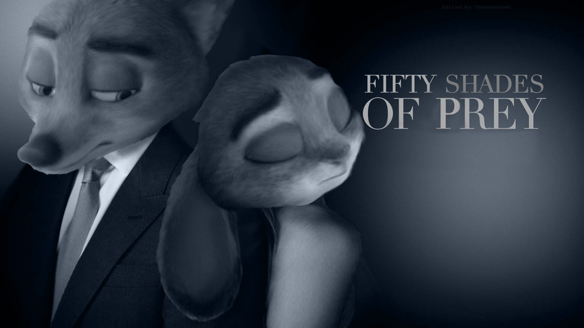 16:9 anthro back_to_back canid canine cheesecaked clothed clothing crossover disney dress duo female fifty_shades_of_grey fox hi_res judy_hopps lagomorph leporid male mammal monochrome necktie nick_wilde parody photo_manipulation predator/prey rabbit red_fox third-party_edit true_fox wallpaper widescreen zootopia