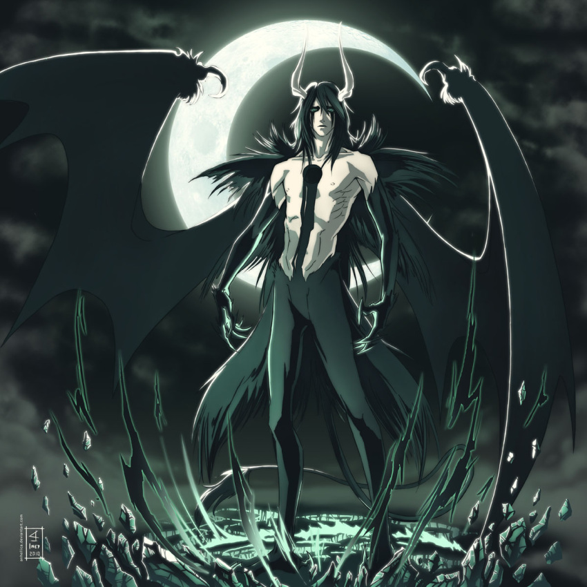 1boy 2010 anhellica arrancar bat_wings black_hair bleach claws crescent_moon espada expressionless facial_mark full_body fur green_eyes highres hole horns long_hair moon pale_skin resurreccion resurreccion:_segunda_etapa shirtless solo tail ulquiorra_cifer watermark web_address white_skin wings