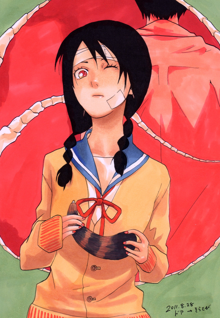 1boy absurdres back bandages black_hair bone braid cardigan commentary_request dated female highres itoshiki_mikoto kobushi_abiru one_eye_closed red_eyes richa_doa sayonara_zetsubou_sensei school_uniform serafuku signature tail twin_braids