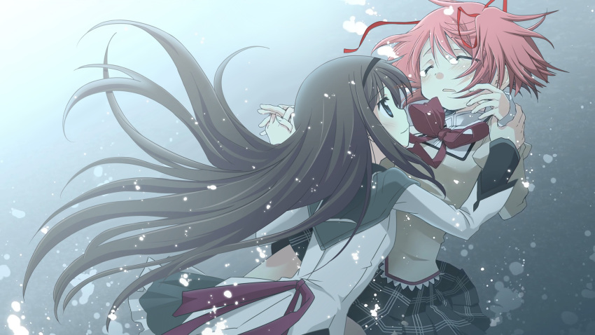 2girls air_bubble akemi_homura akemi_homura_(magical_girl) black_hair bubble closed_eyes hairband headshop highres holding_hands kaname_madoka light_smile long_hair magical_girl mahou_shoujo_madoka_magica mahou_shoujo_madoka_magica_(anime) multiple_girls parody pink_hair ribbon school_uniform short_hair third-party_edit twintails underwater yuri