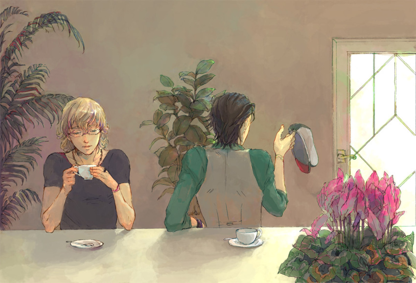 2boys ashinomoto barnaby_brooks_jr. blonde_hair brown_hair cabbie_hat coffee commentary_request cup glasses green_eyes hat jacket jewelry kaburagi_t._kotetsu male_focus multiple_boys necklace plant shirt t-shirt tiger_&_bunny vest waistcoat