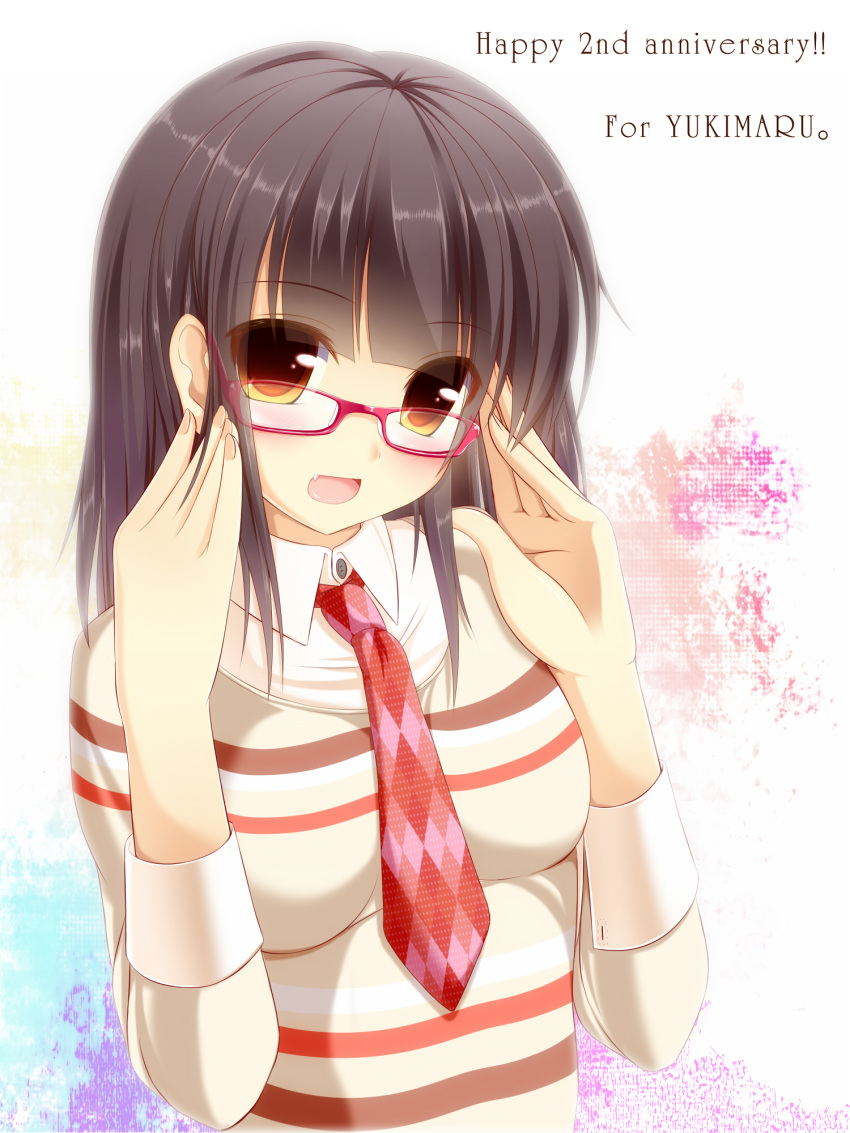 :d adjusting_eyewear argyle_clothes argyle_necktie black_hair blush breasts commentary_request female glasses highres jewelry long_hair looking_at_viewer medium_breasts necktie oerba_yun_fang open_mouth orange_eyes original red-framed_eyewear red_necktie smile solo striped_clothes striped_sweater sweater syroh upper_body