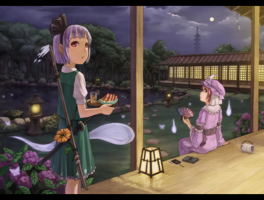 2girls alternate_color architecture armband bad_id bad_pixiv_id bob_cut book bug butterfly calligraphy_brush chokutou cloud cloudy_sky cup drink drinking_glass east_asian_architecture fence flower folding_fan food forest frilled_armband frilled_skirt frills fruit full_moon glowing glowing_butterfly goshoguruma green_skirt green_vest grey_hair hakugyokurou hand_fan hat hexagon highres hitodama hitodama_print holding holding_fan holding_tray hydrangea ice ice_cube japanese_clothes katana kayari_buta kimono konpaku_youmu konpaku_youmu_(ghost) kurione_(zassou) lantern letterboxed light_smile long_sleeves looking_at_viewer looking_back looking_past_viewer mob_cap moon multiple_girls nature night night_sky orange_flower outdoors pagoda paintbrush paper_lantern parted_lips pillar pink_eyes pink_hair pink_headwear pink_kimono pond puffy_short_sleeves puffy_sleeves purple_flower red_eyes saigyouji_yuyuko saigyouji_yuyuko's_fan_design sheath sheathed shirt short_hair short_sleeves sitting skirt skirt_set sky smoke stepping_stones stone_lantern sword sword_on_back touhou tray triangular_headpiece veil veranda vest wakizashi watermelon watermelon_slice weapon weapon_on_back white_shirt wide_sleeves wind_chime wooden_fence