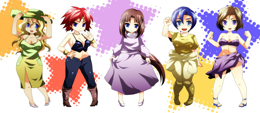 5girls after_war_gundam_x blonde_hair blue_eyes blue_hair breasts brown_hair cleavage ennil_el gundam hcsb highres long_hair multiple_girls paula_cis red_hair sala_tyrrell short_hair tiffa_adill toniya_malme