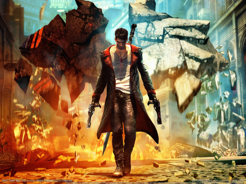 black_hair capcom dante devil_may_cry dmc gun jacket robes rubble sword wings