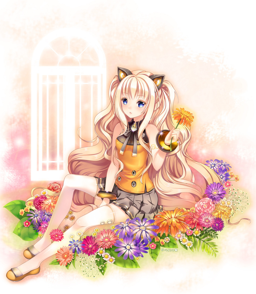 :3 animal_ears baby's-breath bare_shoulders blonde_hair bow bracelet commentary_request daisy female flower flower_request highres holding holding_flower jewelry long_hair paint_musume photoshop_(medium) rose seeu shoes skirt smile solo thighhighs very_long_hair vocaloid white_thighhighs zettai_ryouiki