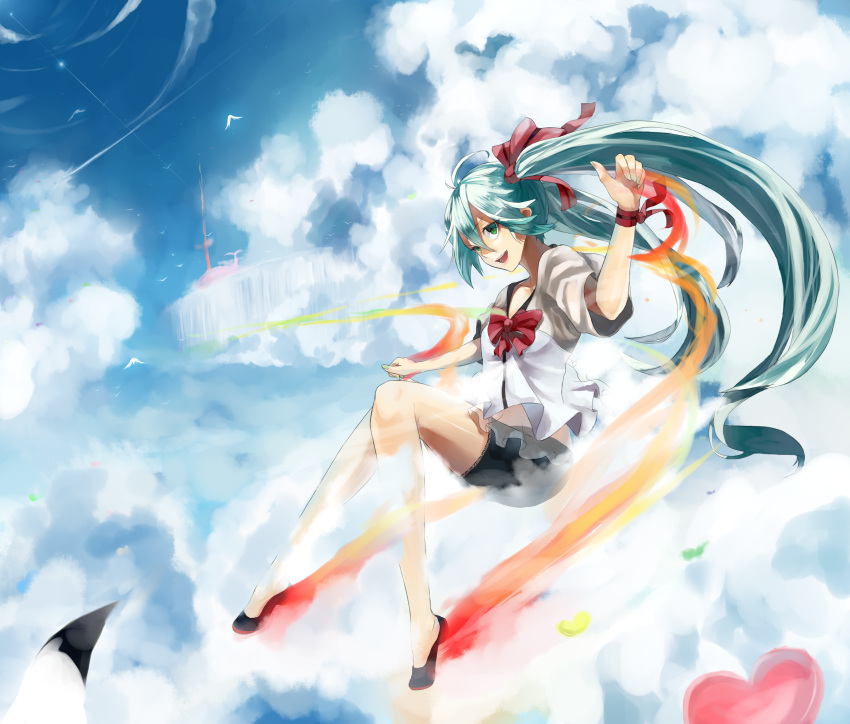 aqua_eyes aqua_hair bad_id bad_pixiv_id bird bird_wings black_shorts bow cloud cumulonimbus_cloud female flying flying_whale hajime_kaname hatsune_miku heart highres long_hair on_cloud open_mouth project_diva_(series) project_diva_extend ribbon sekiranun_graffiti_(vocaloid) shiny_(module) shorts sitting sky smile solo twintails very_long_hair vocaloid whale wings