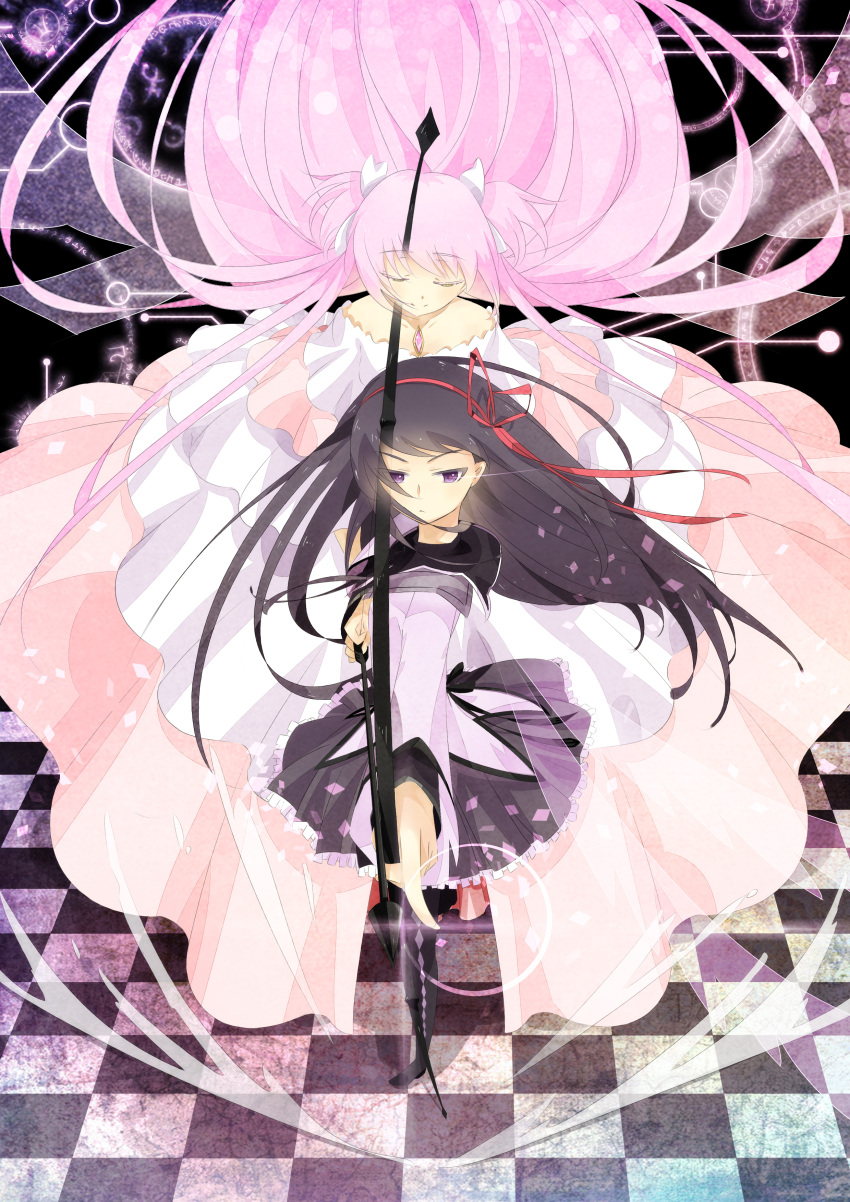 absurdres akemi_homura bad_id bad_pixiv_id bare_shoulders black_hair bow_(weapon) checkered checkered_floor dress gem hair_ribbon highres kaname_madoka long_hair magical_girl mahou_shoujo_madoka_magica maya_g multiple_girls pantyhose perspective pink_hair pleated_skirt purple_eyes ribbon skirt ultimate_madoka very_long_hair weapon wings yellow_eyes