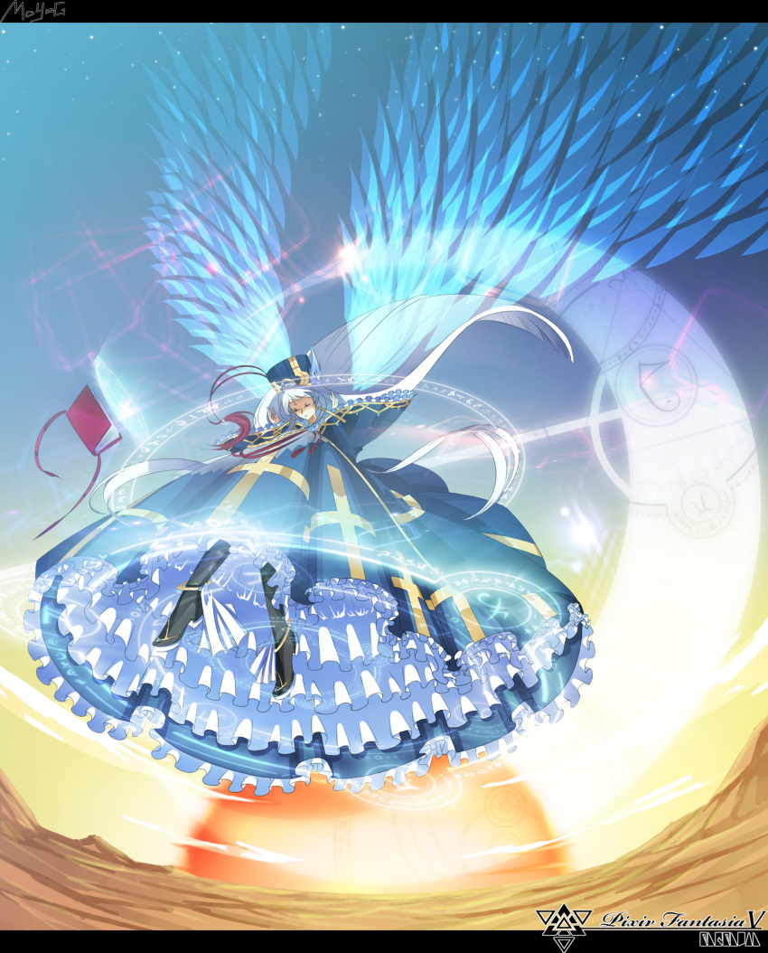 book boots closed_eyes dress frills from_below hat head_wings highres letterboxed long_hair magic_circle maya_g pixiv_fantasia pixiv_fantasia_5 silver_hair solo wings