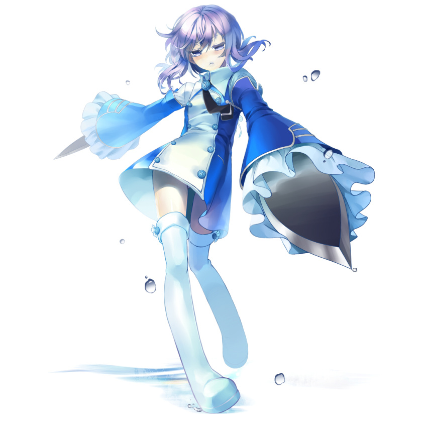 boots bun-o commentary_request detached_sleeves dress dual_wielding echo_(pandora_hearts) female foreshortening frills frown holding knife necktie pandora_hearts purple_eyes purple_hair short_dress short_hair simple_background solo thigh_boots thighhighs water_drop white_thighhighs