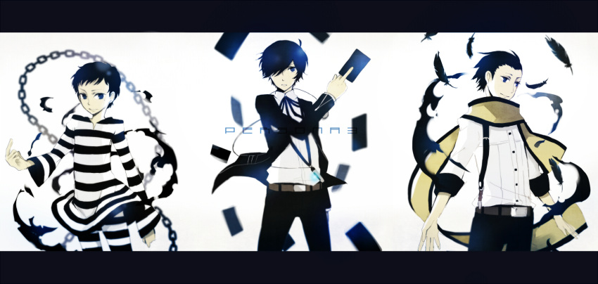 3boys black_hair blue_eyes blue_hair bow card chains commentary_request digital_media_player feathers floating_card gekkoukan_high_school_uniform hair_over_one_eye highres holding holding_card lolicon male_focus mentaishi mochizuki_ryouji multiple_boys persona persona_3 pharos ribbon scarf school_uniform simple_background smile suspenders yuuki_makoto_(persona_3)