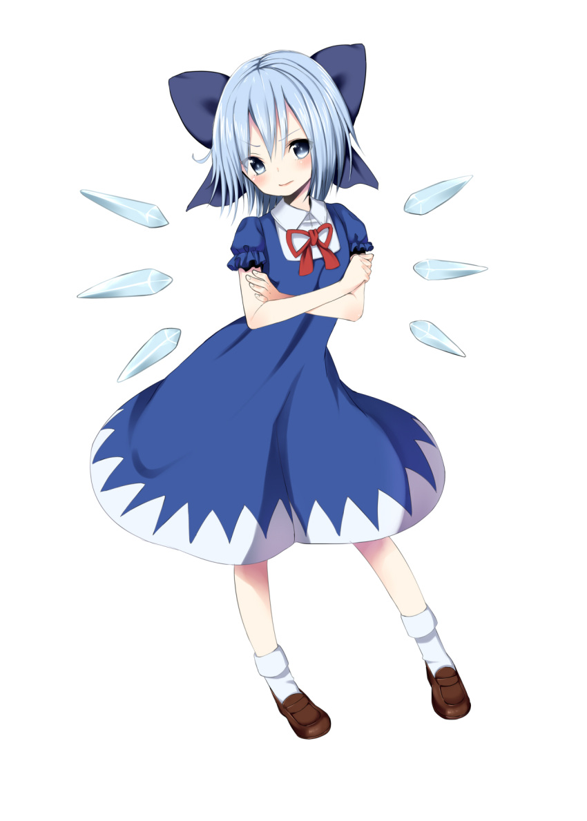 bad_id bad_pixiv_id blue_dress blue_eyes blue_hair bow cirno crossed_arms dress female full_body hairbow highres ice ice_wings large_bow loafers petite pokachu ribbon shoes short_hair simple_background socks solo touhou white_socks wings