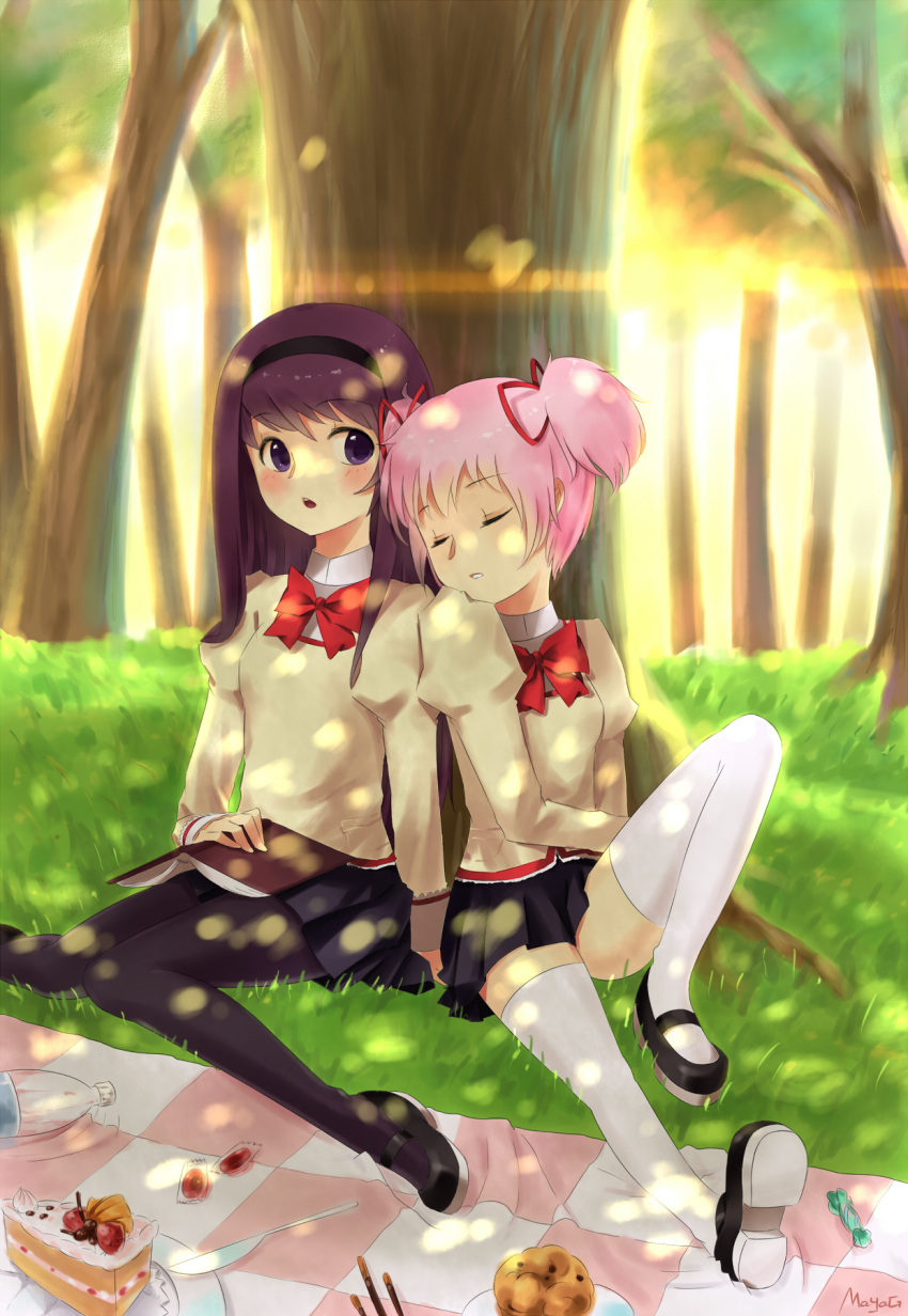 :o akemi_homura black_hair blush book cake candy dappled_sunlight food hair_ribbon hairband head_on_shoulder highres kaname_madoka knife long_hair mahou_shoujo_madoka_magica maya_g muffin multiple_girls pantyhose picnic pink_hair plaid plaid_skirt pleated_skirt pocky ribbon school_uniform short_twintails skirt sleeping sunlight thighhighs tree twintails white_legwear