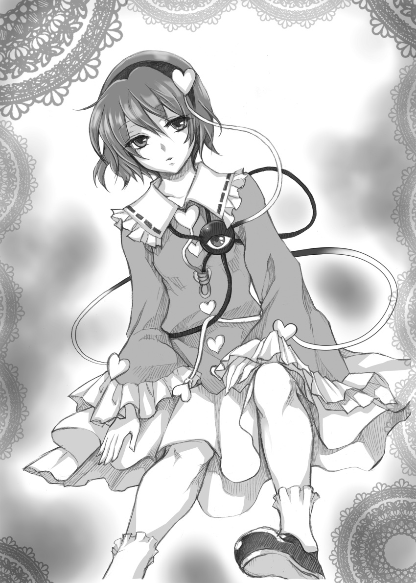 :o absurdres blouse commentary_request dutch_angle eyeball female frills greyscale hairband heart highres komeiji_satori mintes monochrome photoshop_(medium) pleated_skirt shirt short_hair sitting skirt solo third_eye touhou wide_sleeves