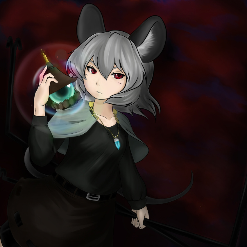 adapted_costume animal_ears belt bishamonten's_pagoda capelet commentary_request dress female grey_hair highres jewelry meganemausu mouse_ears mouse_tail nazrin necklace paint.net_(medium) pendant red_eyes short_hair solo tail touhou