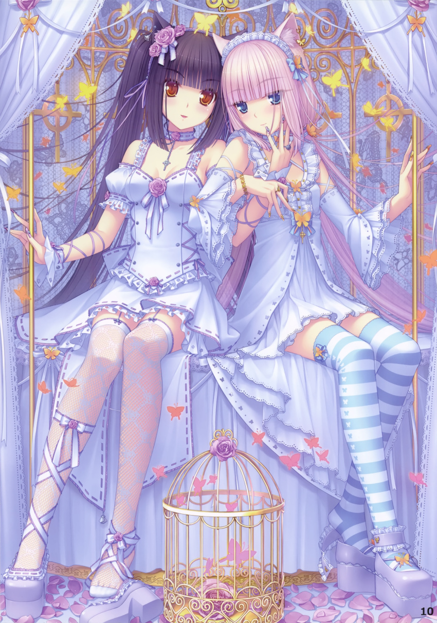 2girls absurdres animal_ears ankle_garter black_hair blue_eyes blunt_bangs bow brown_eyes bug butterfly cage cat_ears chocola_(nekopara) choker cross earrings eyebrows fingernails flower hair_flower hair_ornament heart highres jewelry lace leg_ribbon long_fingernails long_hair multiple_girls nail_art nail_polish nekopara pendant petals photoshop_(medium) pink_hair pink_nails platform_footwear ribbon sayori_(neko_works) shoe_dangle shoes single_shoe sitting smile striped_clothes striped_thighhighs thighhighs twintails vanilla_(nekopara) very_long_hair yellow_nails