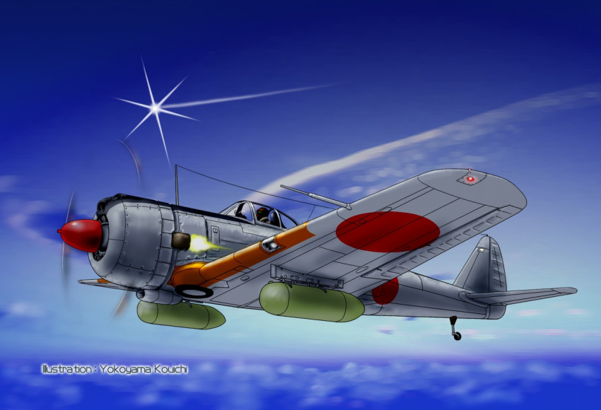 1boy aircraft airplane anachronism antennae atmospheric_reentry cloud commentary_request drop_tank flying hayabusa_(spacecraft) ki-43_hayabusa male_focus military name_connection original pilot signature sky solo spacecraft sparkle vehicle_focus yokoyama_kouichi