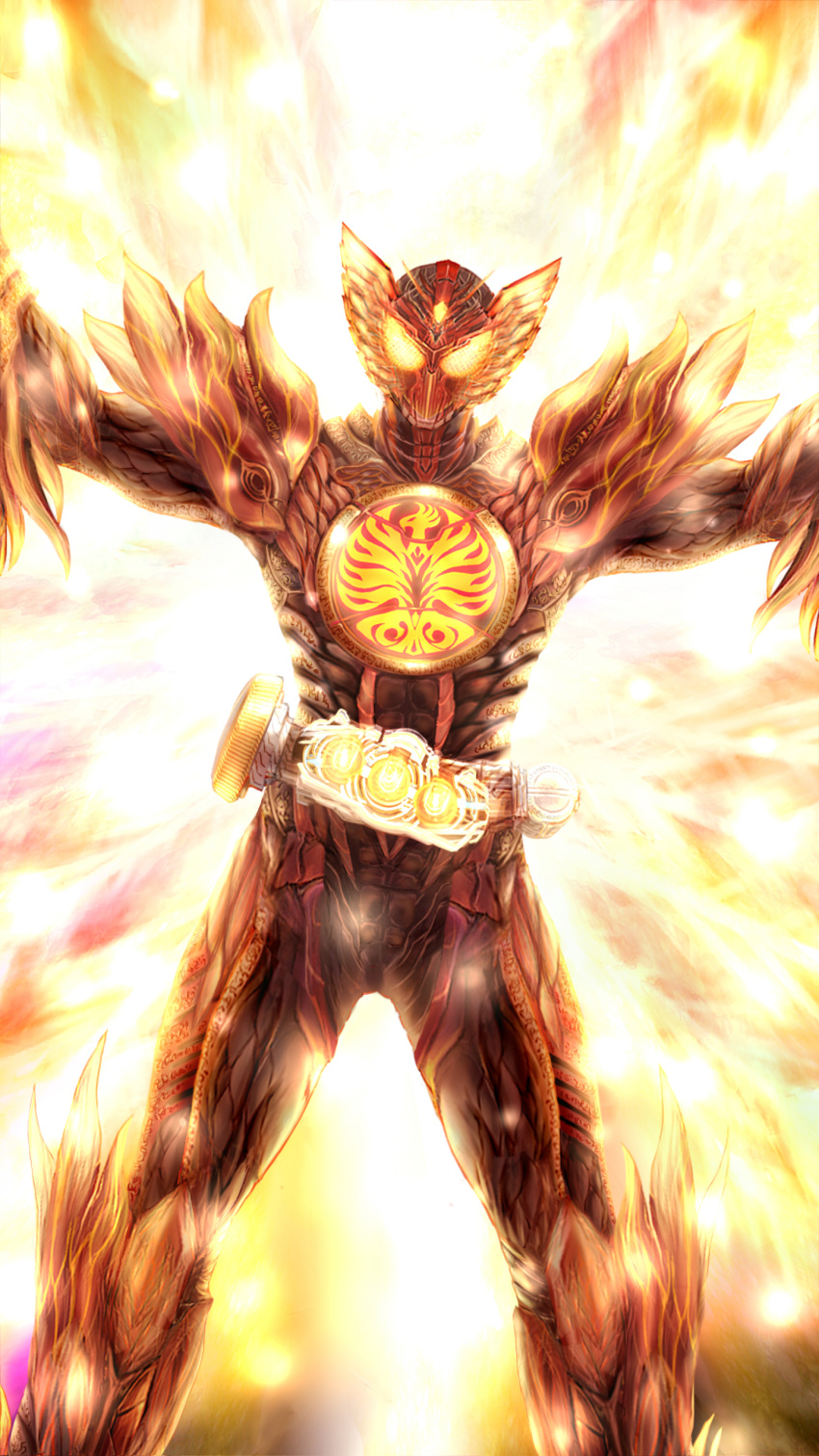 1boy absurdres baunzel belt commentary_request fire glowing glowing_eyes highres kamen_rider kamen_rider_ooo kamen_rider_ooo_(series) male_focus md5_mismatch solo tajador_(ooo_combo)