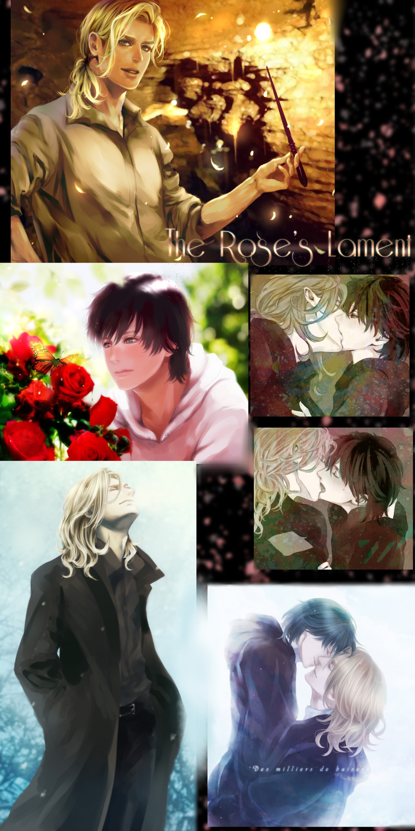 2boys absurdres albus_severus_potter black_pants blonde_hair blue_eyes brown_hair butterfly flower green_eyes harry_potter highres kissing louis_weasley multiple_boys multiple_views numeri_(pixiv) pants rose scorpius_malfoy wand yaoi